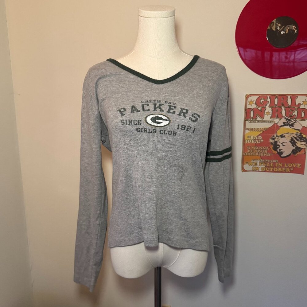 NFL Retro Green Bay Packers Long Sleeve Light Grey and Green Long Sleeve Shirt